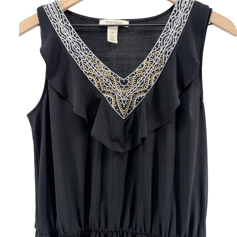 White House Black Market Boho Black Beaded V-Neck Ruffle Drop Waist Top Medium - Picture 3 of 8